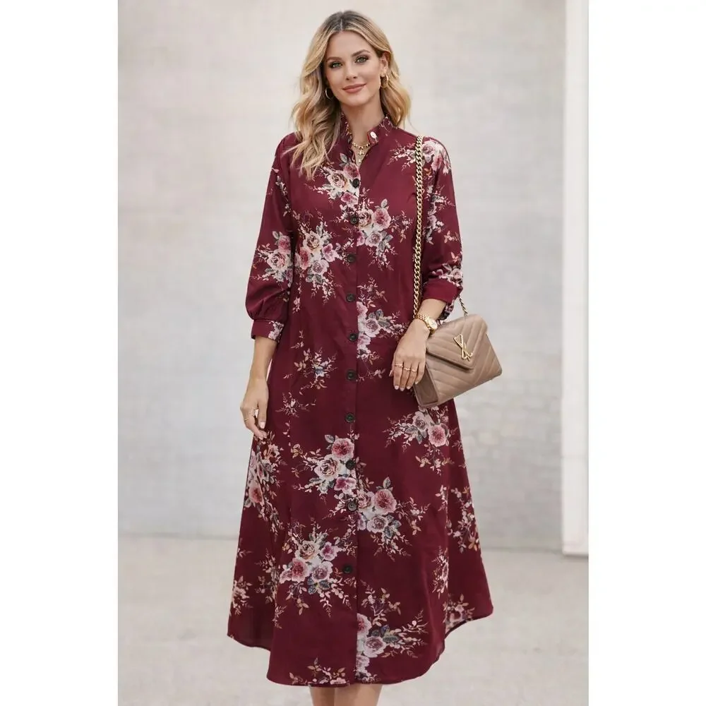 Burgundy Floral Dress Long Sleeve Mandarin Collar Sz 14 Cottagecore Lagenlook